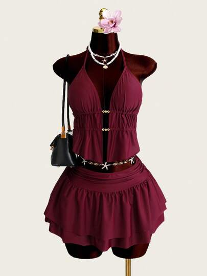 Glamine Conjunto de 3 piezas para vacaciones de verano de mujer, top de atar con cuello halter y decoración de anillo dorado, conjunto a juego de Bottom de bikini triangular regular y falda con volantes y pliegues, traje de baño de 2 piezas con control de abdomen, estilo Y2K, top corto con cuello halter, conjunto de vacaciones de mujer de 2 piezas