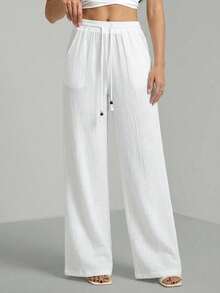 SHEIN Tall Pantalones blancos de algodón 100% lavados, de estilo minimalista básico bohemio, para conciertos de verano, salidas y playa - Blanco - Ver 4