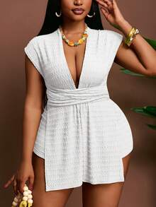 Slaydiva Women's White Summer Beach Two Pieces Set,Y2K Style Crop Top & Tight Shorts,Vacation Holiday Texture Fabric Waist Strap Design Suit - White - View 9