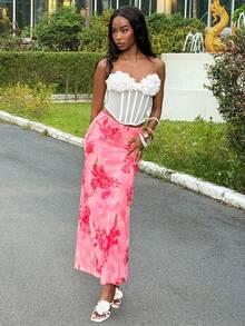 Mima John Women Elegant Floral Print Low Waist Skirt Summer Summer Outfits Summer Clothes Beach Outfits For Woman  Beach Vacation Vacation Outfits Woman Boho Tropical Vacation Woman Clothe Tropical Vacation Woman Clothe Floral - Pink - View 2