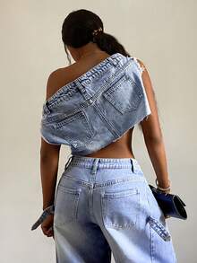 SHEIN PETITE Áo crop top denim nữ gợi cảm với gấu áo rách và vai bất đối xứng - Rửa nhẹ - Xem 2
