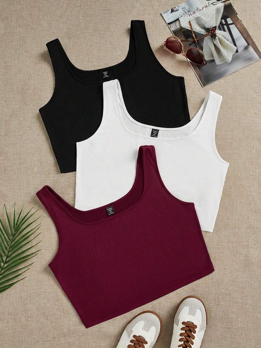 SHEIN EZwear 休閒簡約多件套裝 夏季圓領修身大尺碼女款背心 - 彩色 - 查看 1