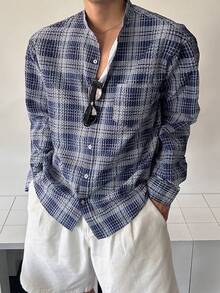 DAZY Textured Plaid Pattern Long Sleeve Shirts For Men, Spring/Summer - Multicolor - View 1