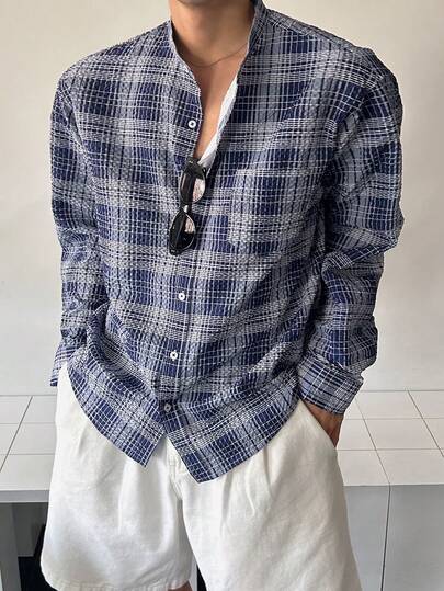 DAZY Textured Plaid Pattern Long Sleeve Shirts For Men, Spring/Summer