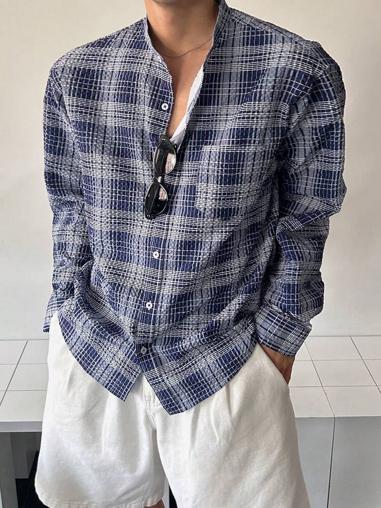 Textured Plaid Pattern Long Sleeve Shirts For Men, Spring/Summer