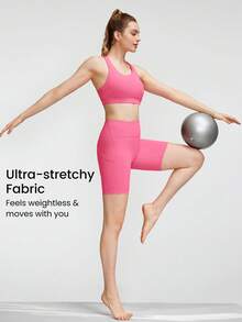 GLOWMODE 2 Pieces FeatherFit™ Sports Bra & 8'' Shorts Set Strappy Back Bra Tank Top With High Waist Side Pockets Biker Shorts Yoga Pilates Running Gym Summer - Blush Crush - View 7