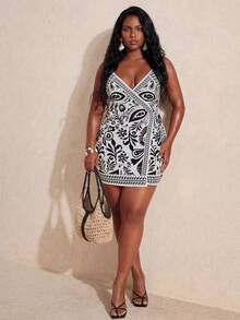 Elaquor Plus Size Women's Summer White Boho Casual Printed Sleeveless Cover Up,Beach Holiday Bachelorette Party Curve Vacation Outfits Ladies Dresses - Black and White - View 4