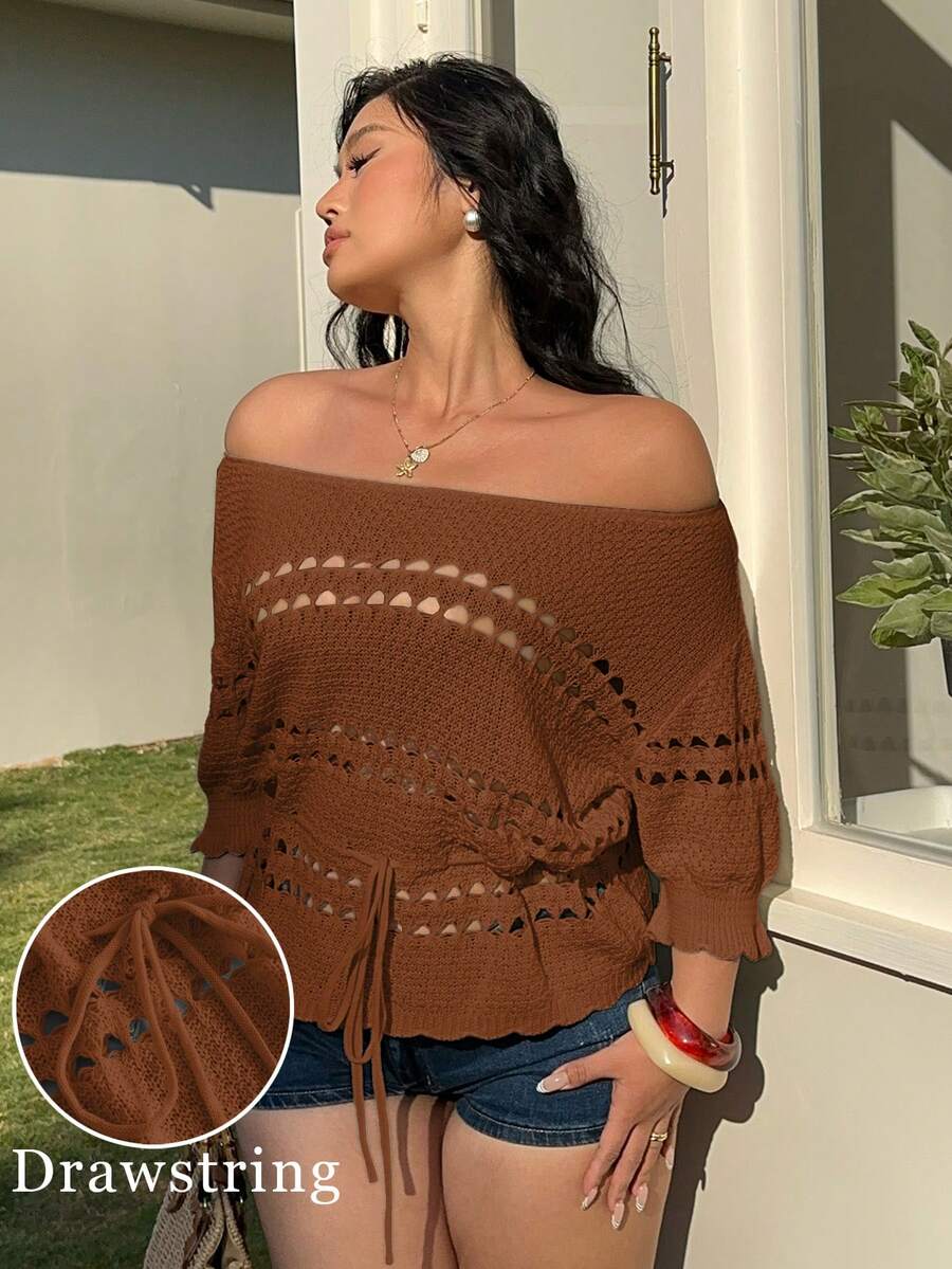 Sunnyshic Women Summer Chocolate Brown Off-Shoulder Knit Crochet Sweaters,Autumn Smart Casual Hollow Out Drawstring Ruffle Waist-Defining Plus Size Vacation Top - Coffee Brown - View 1