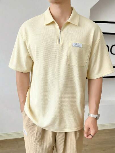 SWAVVY Men's Letter Embroidered Short Sleeve Casual Zip-Up Polo Shirt