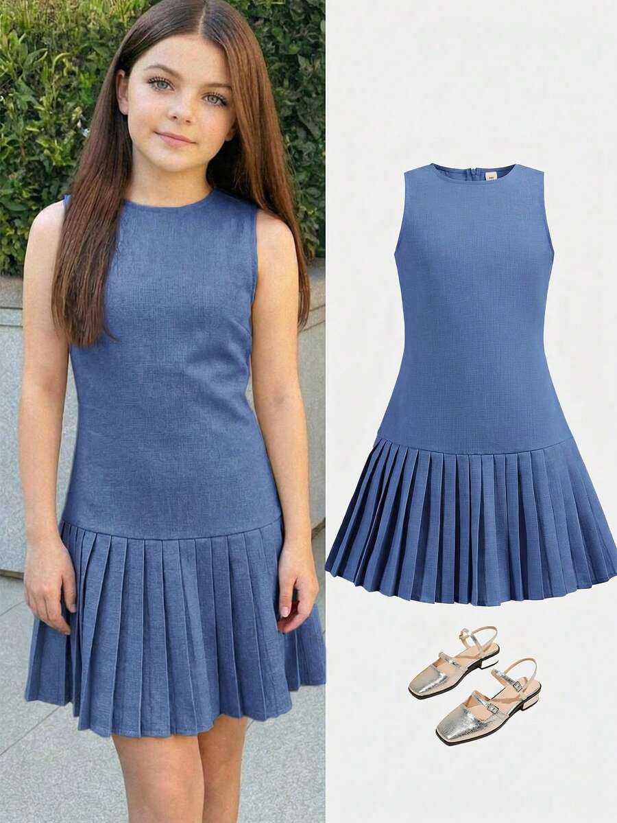Firerie Kids Tween Girl Solid Color Round Neck Pleated Casual Minimalist Outfit, Suitable For Parties, Outings, Parks, Camping, Vacations, Daily Wear - Blue - View 1
