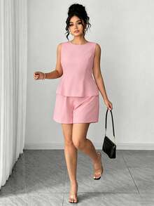 Elenzga Women's Pink Sleeveless 2-Piece Set, Backless Bow Tie Waist Top + Shorts, Suitable For Dates Evening Tea Party, Shopping, Parties, Chic Style Elegant - Baby Pink - View 5