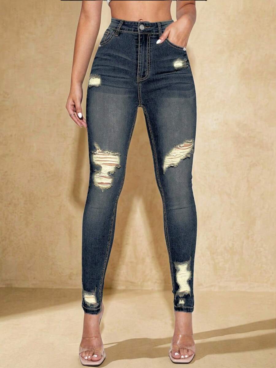 SHEIN Essnce High Waist Ripped Skinny Jeans - Dark Wash - View 1