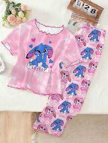 Tween Girls 2 Pieces Pajama Set, Cute Rabbit Print Pink T-Shirt With Contrast Frill Trim And Loose Rabbit Print Pants With Ruffle Hem, Comfortable Loungewear - Pink - View 3