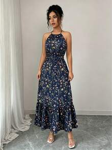 Elenzga Printed Camisole Elastic Waist Casual Dress For Women - Royal Blue - View 5