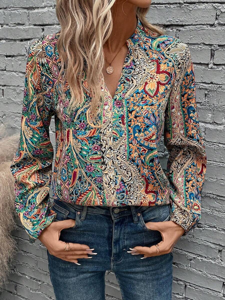 EMERY ROSE Paisley Print Notched Neckline Lantern Sleeve Blouse,Long Sleeve Tops Fall Cloth For Women - Multicolor - View 1