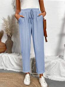 Breezaya Solid Color Drawstring Waist Pocket Casual Pants, Suitable For Holiday - Baby Blue - View 6