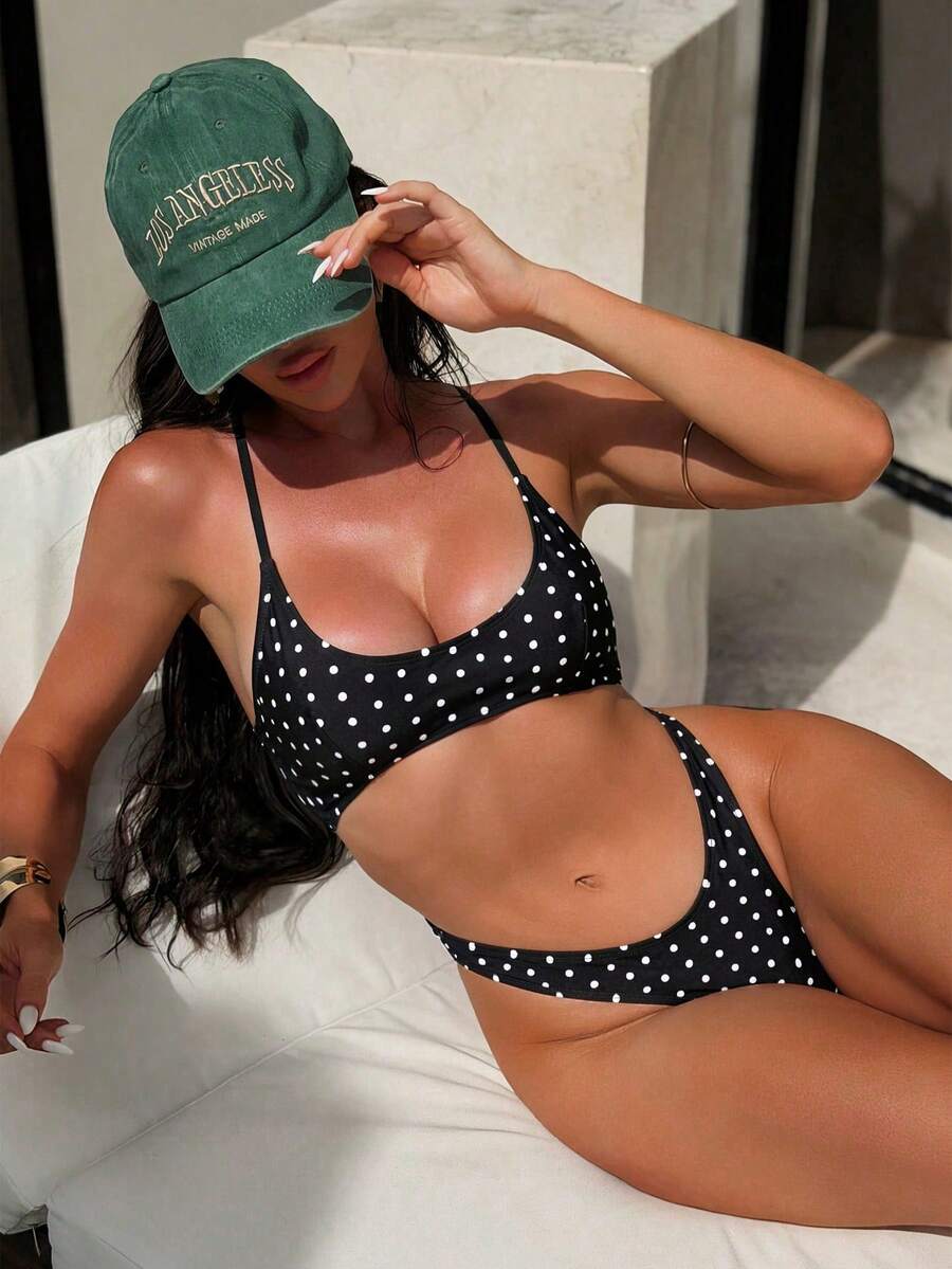 Swim SXY 2026 Spring/Summer Signature Pattern Sexy Thong Bikini, Side Cross Hollow Design One-Piece Swimsuit For Women Bathing Suits For Women Polka Dot Polka Dot Swimsuit Womens Swimwear Polka Dot Polka Dot Bikini Set 2 Piece Bathing Suit - Black and White - View 1