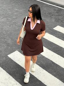 Muchica 大码女式休闲撞色领连衣裙 - 彩色 - 查看 3