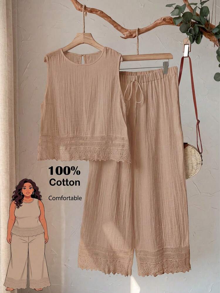 Plus Size Women's Casual Vacation White Lace Patchwork Sleeveless Top And Pants 2-Piece Set, Spring/Summer