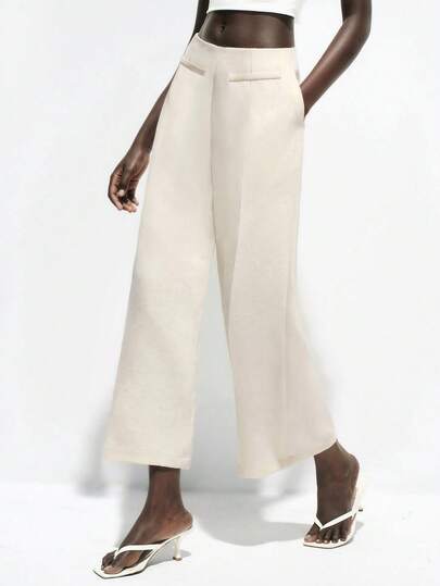 Lumivelle Minimalist French Style Pleated Wide Leg Pants, Beige, Relaxed Fit, Versatile For Work And Casual Wear