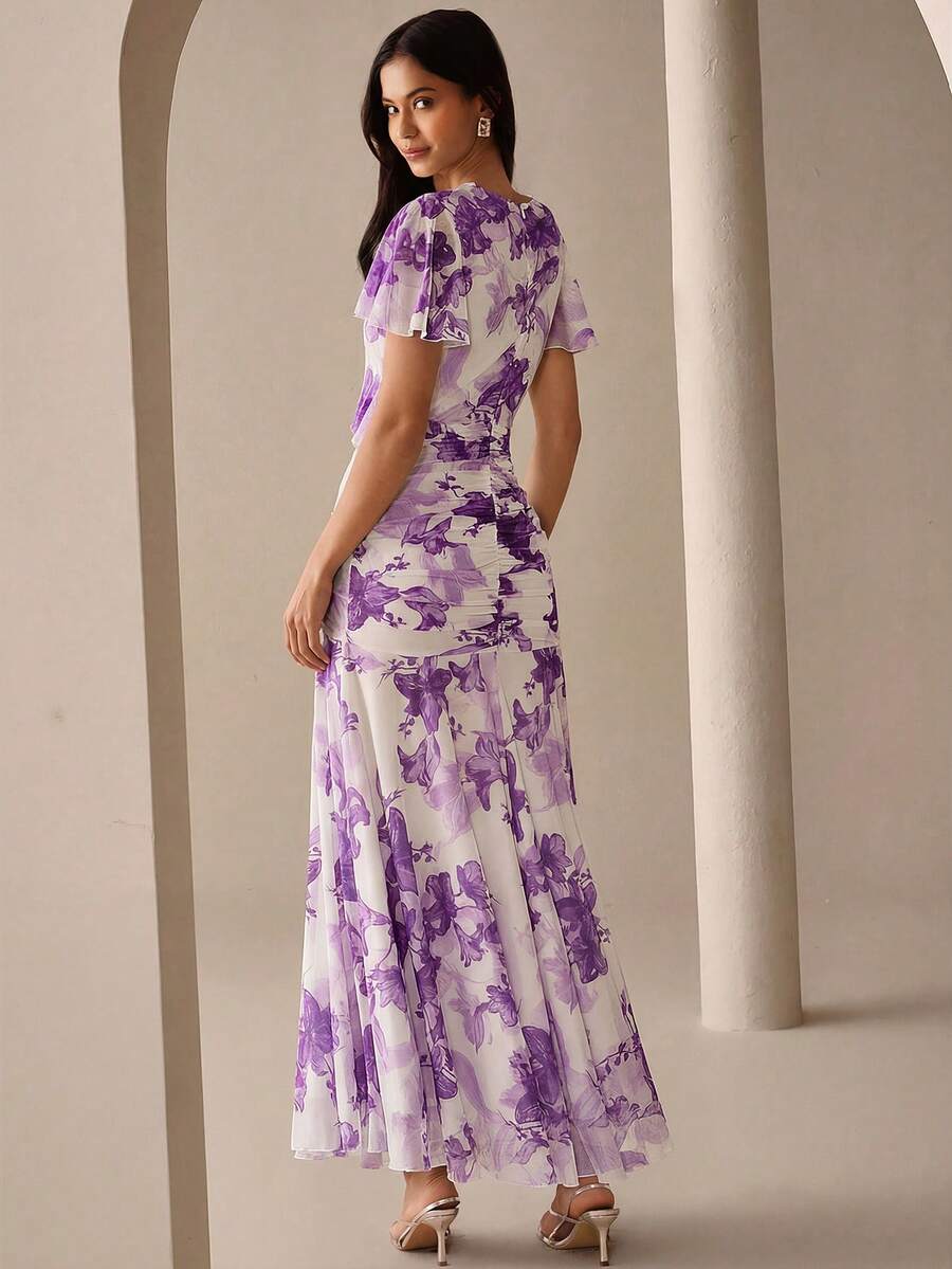 Lilora 优雅休闲通勤褶皱印花连衣裙,都市风蓝色花卉荷叶边袖长裙,都市休闲,浪漫优雅,外出必备 - 紫色 - 查看 1