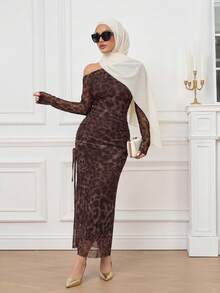 Calvaya Elegante vestido maxi de mujer con degradado tie dye, fruncido, de malla con estampado de leopardo, cuello asimétrico y abertura alta, conjunto de ropa de otoño para vacaciones de mujer - Café - Ver 2