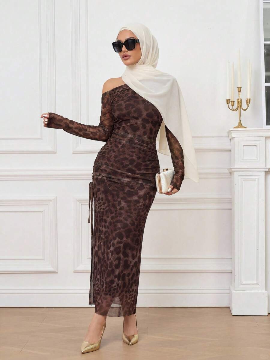 Calvaya Elegante vestido maxi de mujer con degradado tie dye, fruncido, de malla con estampado de leopardo, cuello asimétrico y abertura alta, conjunto de ropa de otoño para vacaciones de mujer