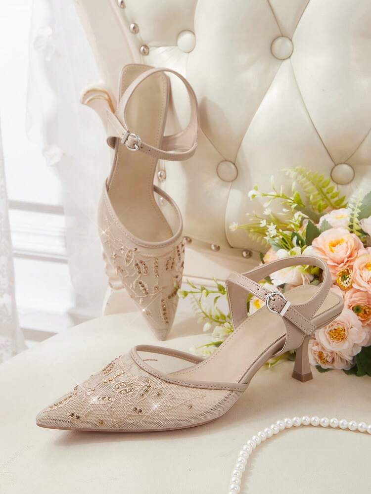 CUCCOO HITCHD Women's Shoes Pointed Mesh Rhinestone Decoration Fashionable Sexy Style Wear Ankle Strap Metal Buckle Apricot Thin Heel High Heel Sandals