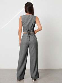 SHEIN PETITE Women's Summer Commuter Striped Sleeveless Button-Front Vest And Casual Pants Set,Vacation Outfits Women - Light Grey - View 2