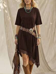 SHEIN LUNE Women's Casual Solid Color Lace Patchwork Summer Vacation Commute Daily Basic Fashion Asymmetrical Hem Short Sleeve Mid-Length Dress - Brown - View 8