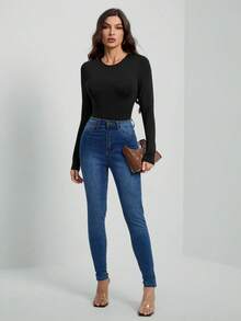 SHEIN Tall Solid Color Long Sleeve Slim Fit Black Bodysuit - Black - View 6