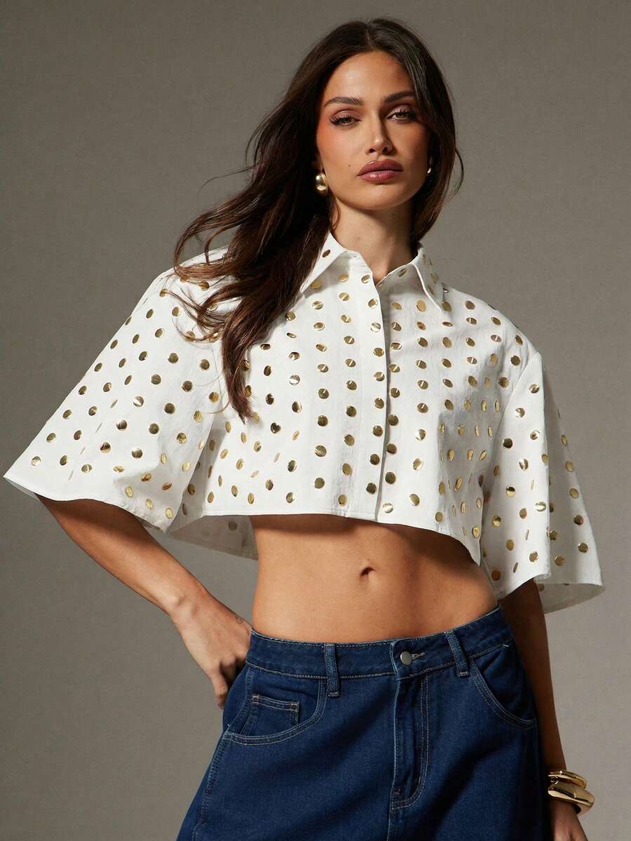Denimoi Women's Metal Polka Dot Design Short Sleeve Cropped Fashionable Blouse - Apricot - View 1