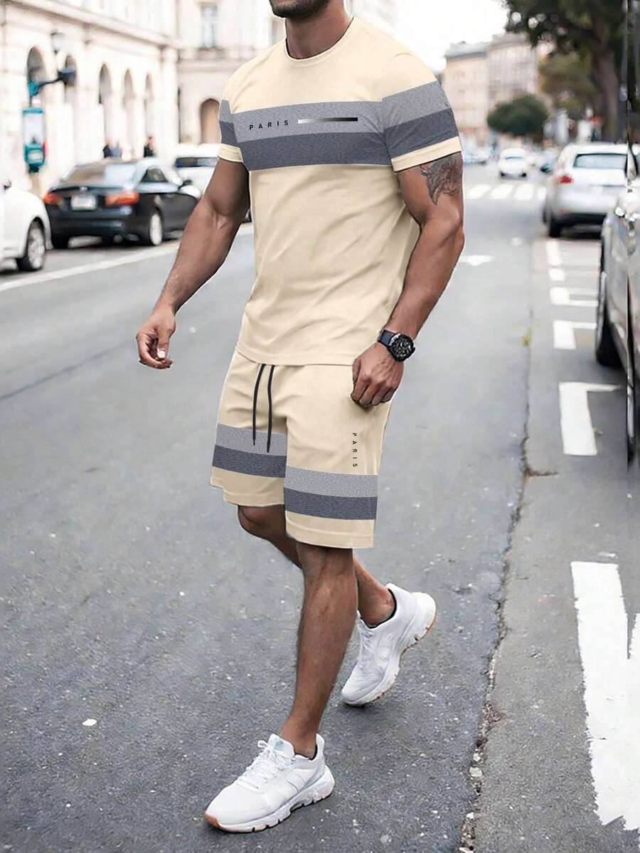 Manfinity Homme Men's Paris Inspired Striped Ombre Casual Crew Neck T-Shirt Set - Multicolor - View 1
