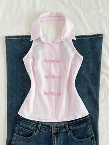 Sweetra 女士春夏新款中国风纽扣无袖休闲衬衫，带吊带 - 粉色 - 查看 1