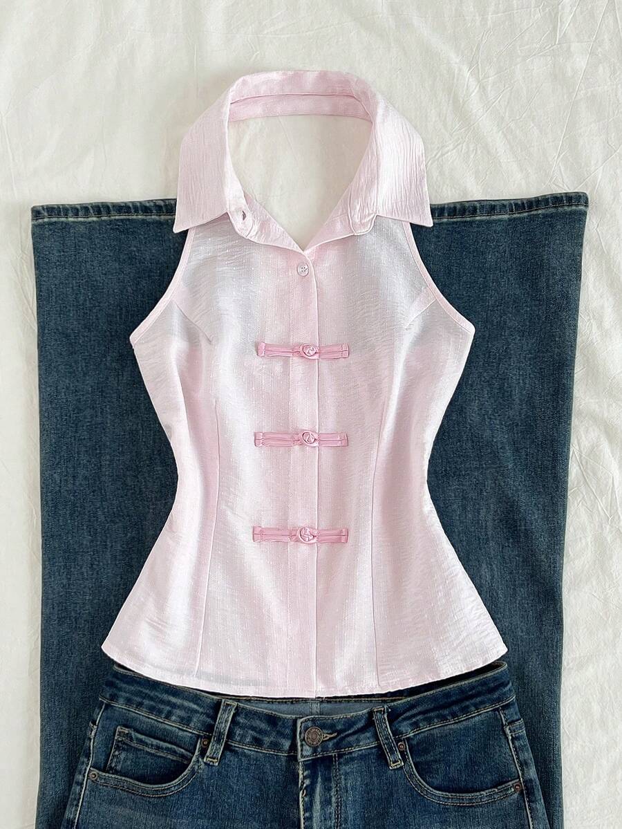 Sweetra 女士春夏新款中国风纽扣无袖休闲衬衫，带吊带 - 粉色 - 查看 1