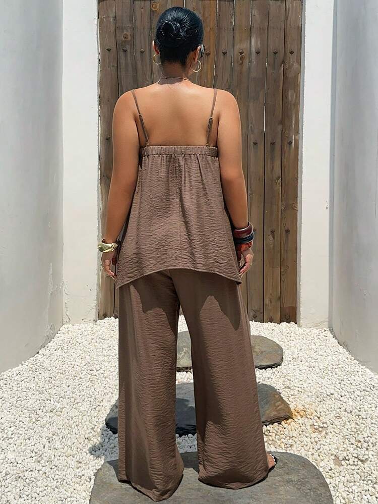 Dazy Plus Summer New Women's Vacation Outfit Solid Color Casual Camisole Top And Long Pants Plus Size 2-Piece Set