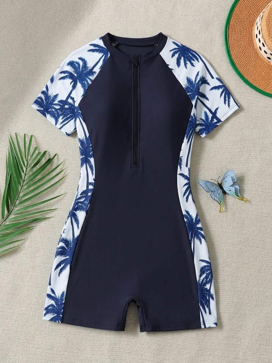 Teen Girl Coconut Tree Print Zipper Short Sleeve Romper Shorts,Summer Beach Vacation Holiday Outfit,Casual New Style Chill Vibe Outfits For Spring - Multicolor - View 1