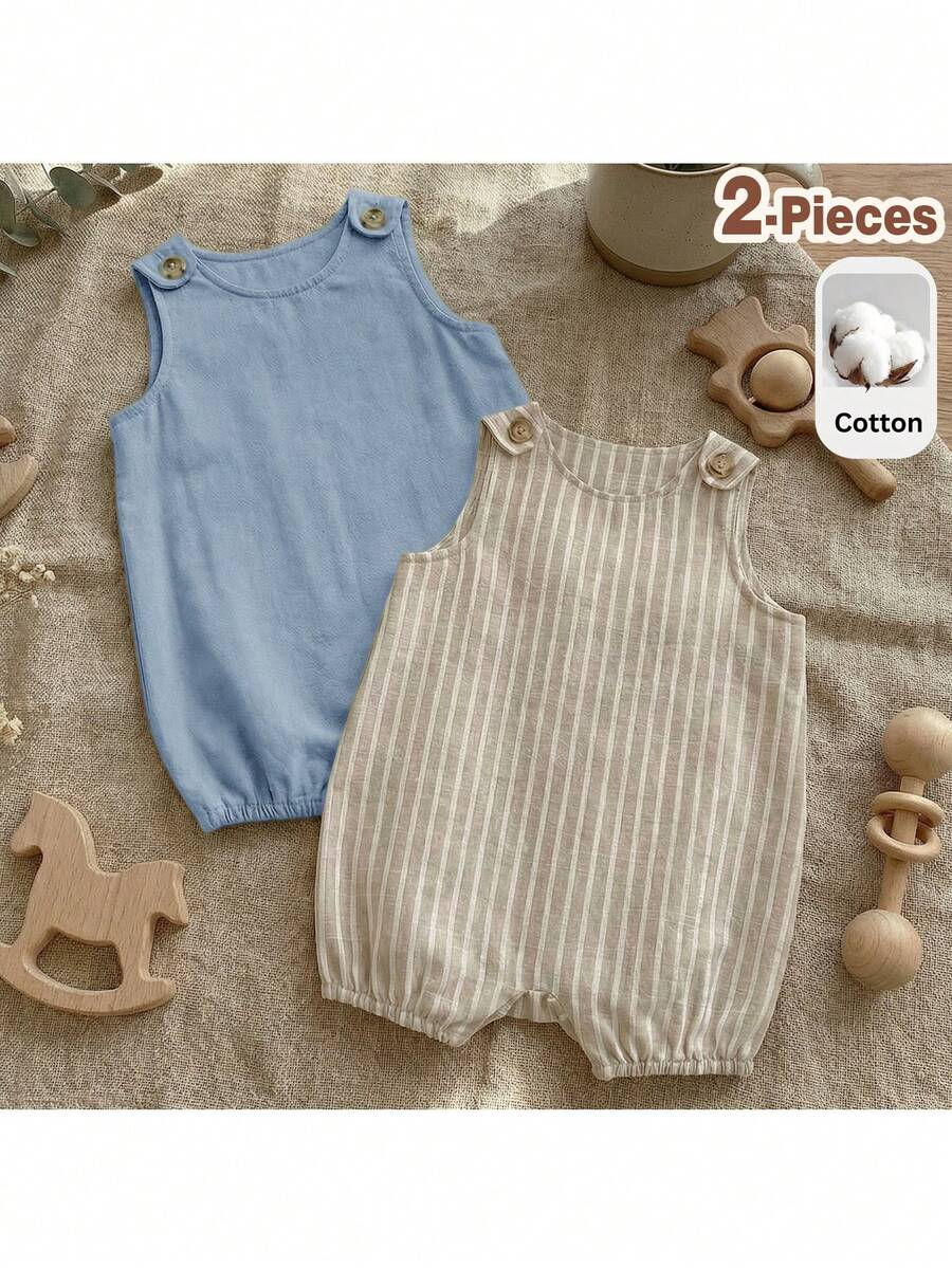 Loomiva 2件套新生儿男宝宝可爱纱布纯色背心和裤子两件套，夏季 - 彩色 - 查看 1