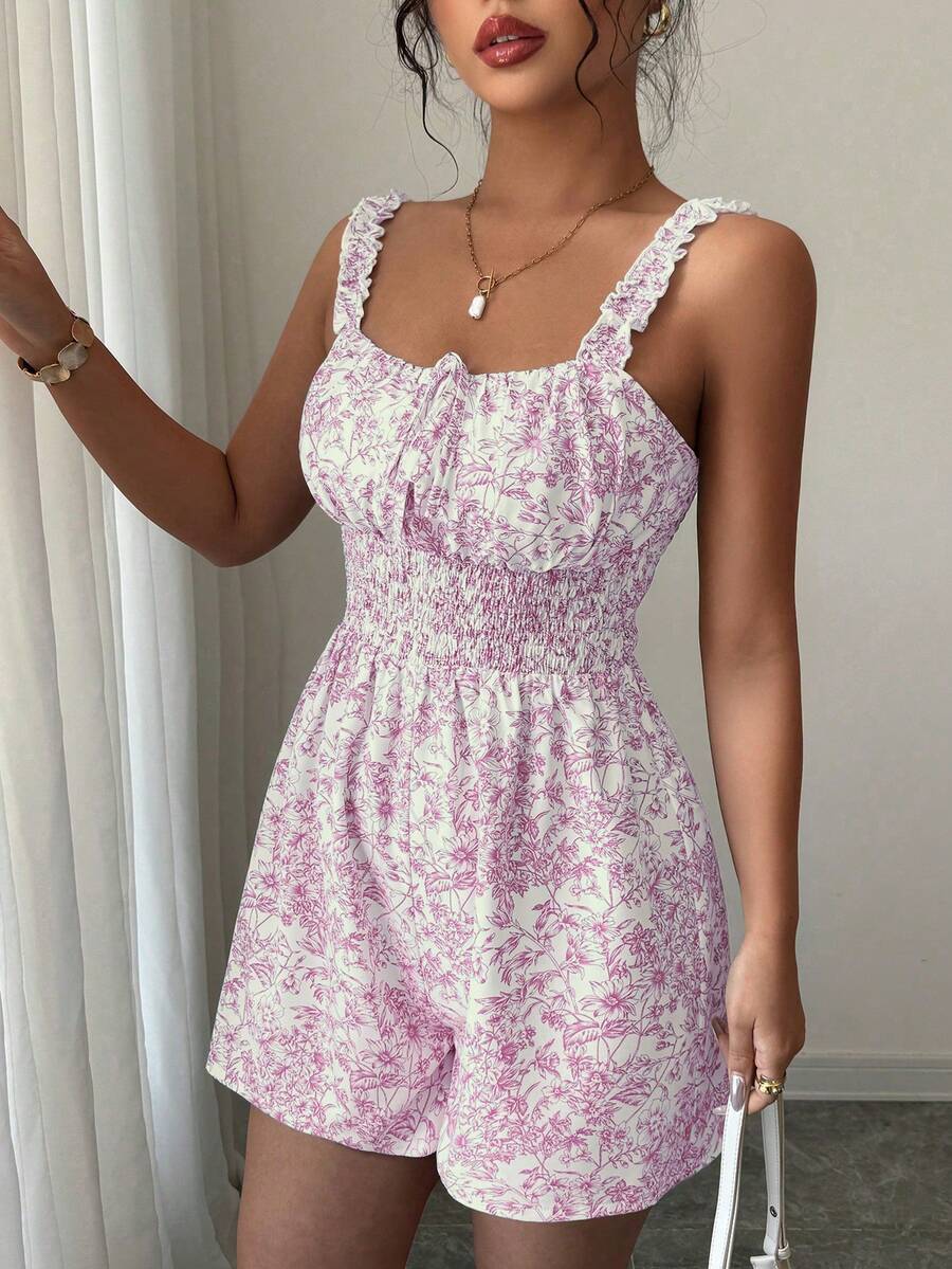 Selianne Women's Summer Blue & White Printed Backless Ruffle Cinched Waist Casual Vacation Jumpsuit - Pink - View 1