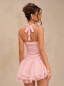 SHEIN BAE 纯粉色不对称领口褶皱修身迷你连衣裙，荷叶边下摆，春夏款 - 淺粉色 - 查看 2