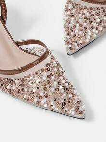 CUCCOO HITCHD Sandal Hak Tinggi Wanita Motif Bunga Elegan untuk Pesta Natal - Coklat - View 5