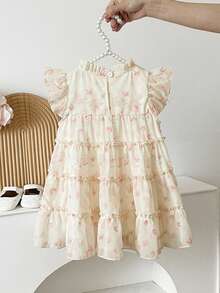 SHEIN Baby Girls' Fashionable Casual Floral Pattern Bow Decor Cake Dress, Suitable For Spring, Summer, Autumn, Home, Vacation, Holiday, Party, Daily Wear - White - View 2