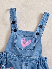 Pantalones de peto con estampado de cadena, conejo y letras para niña, artículo de vuelta al colegio, mono elegante para , verano y otoño - Azul - Ver 7