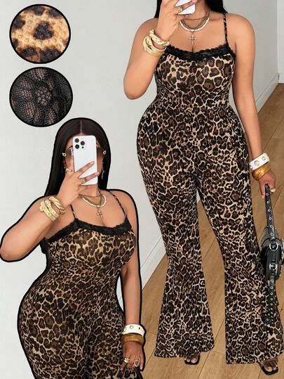 Maweii Plus Size Fashionable Women's Y2K Streetwear Leopard Print Black & Brown Lace Patchwork Tight Fitted Bodycon Jumpsuit, Suitable For Outings, Music Festivals, Parties, Vacations Night Out Dress For Ladies Club Outfits For Women Dress Leopard Print Dress Spaghetti Strap Dress Women Vacation Outfit Sets Trending Outfit Women S Summer Outfits Women Outfits Sets