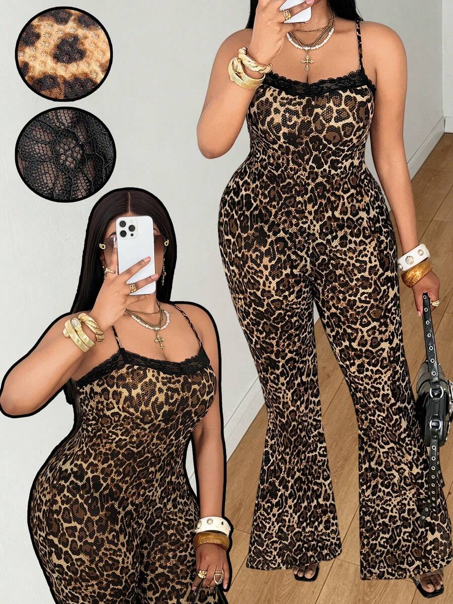 Maweii Modischer Jumpsuit in Große Größen im Y2K-Streetwear-Stil mit Leopardenmuster, Schwarz-Braun-Spitzen-Patchwork, eng anliegend, geeignet für Ausflüge, Musikfestivals, Partys, Urlaubsabende, Cluboutfits für Damen, Leopardenkleid, Kleid mit Spaghettiträgern, Urlaubsoutfit für Damen, Sommeroutfit für Damen, Outfit-Sets für Damen