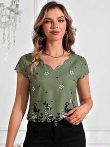 SHEIN Clasi Ruffle Collar Printed Short Sleeve Shirt,Summer Top - Green - View 5