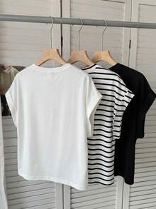 SHEIN LUNE Set de 3 camisetas casuales de mujer de cuello redondo y hombros caídos, en blanco y negro + rayas blancas y negras, adecuadas para primavera y verano - Multicolor - Ver 2