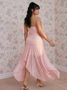 SHEIN CovetEZ Plus Size Asymmetric Hem Ruffle Hem Solid Color Tube Dress, Suitable For Dates And Parties, Spring/Summer Pink Strapless Dress Pink Dress 2000s Dress Sexy Dress - Pink - View 2