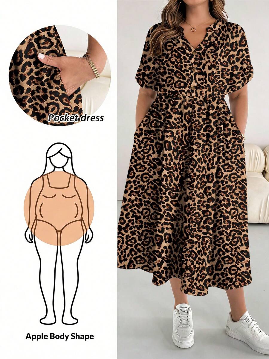 SHEIN Essnce Vestido casual de fiesta con cuello en V y estampado de leopardo para mujer de talla grande - Multicolor - Ver 1