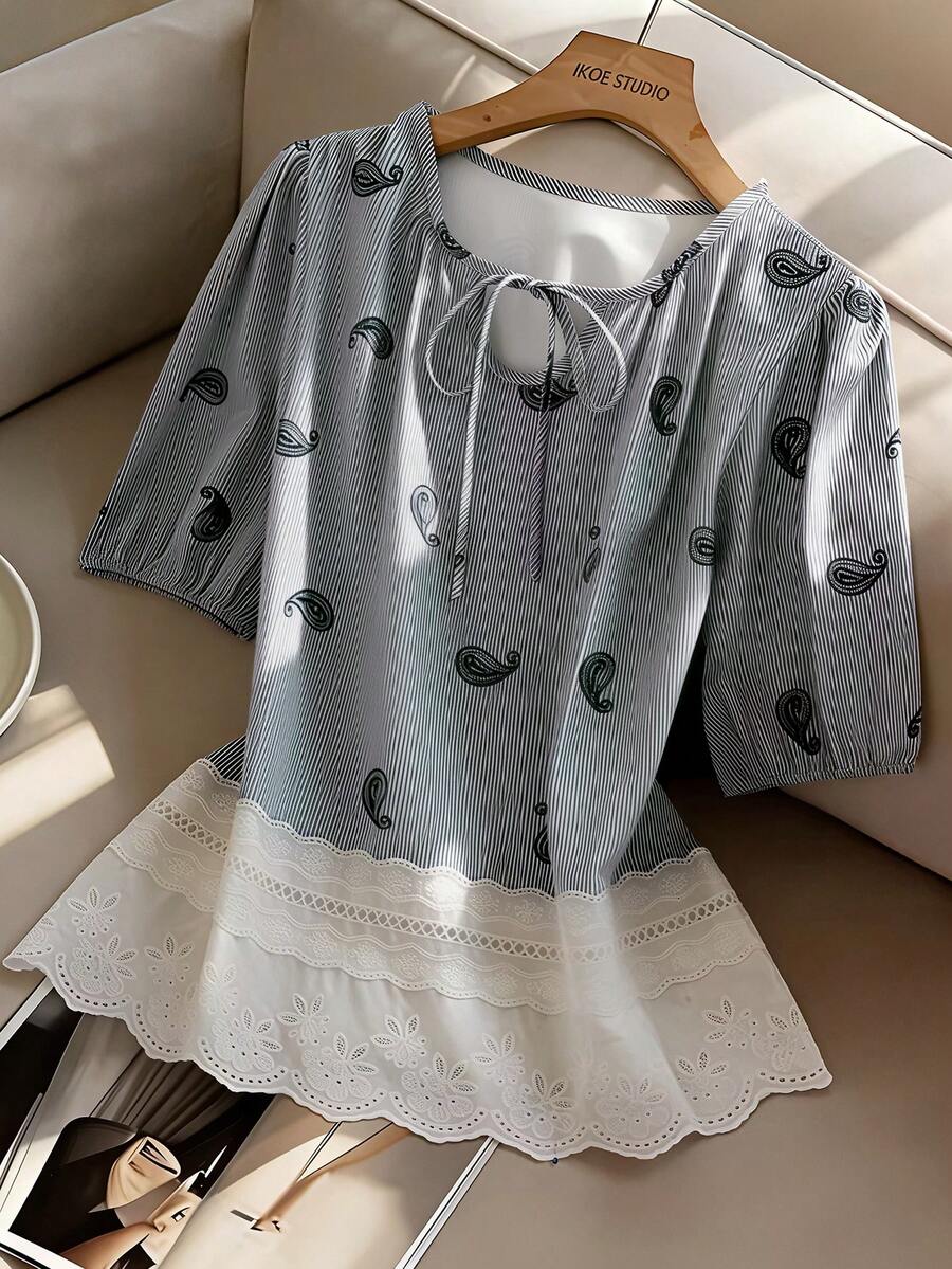 Franclia Chemise décontractée à manches courtes avec imprimé cachemire et torsade devant - Bleu azur - Voir 1